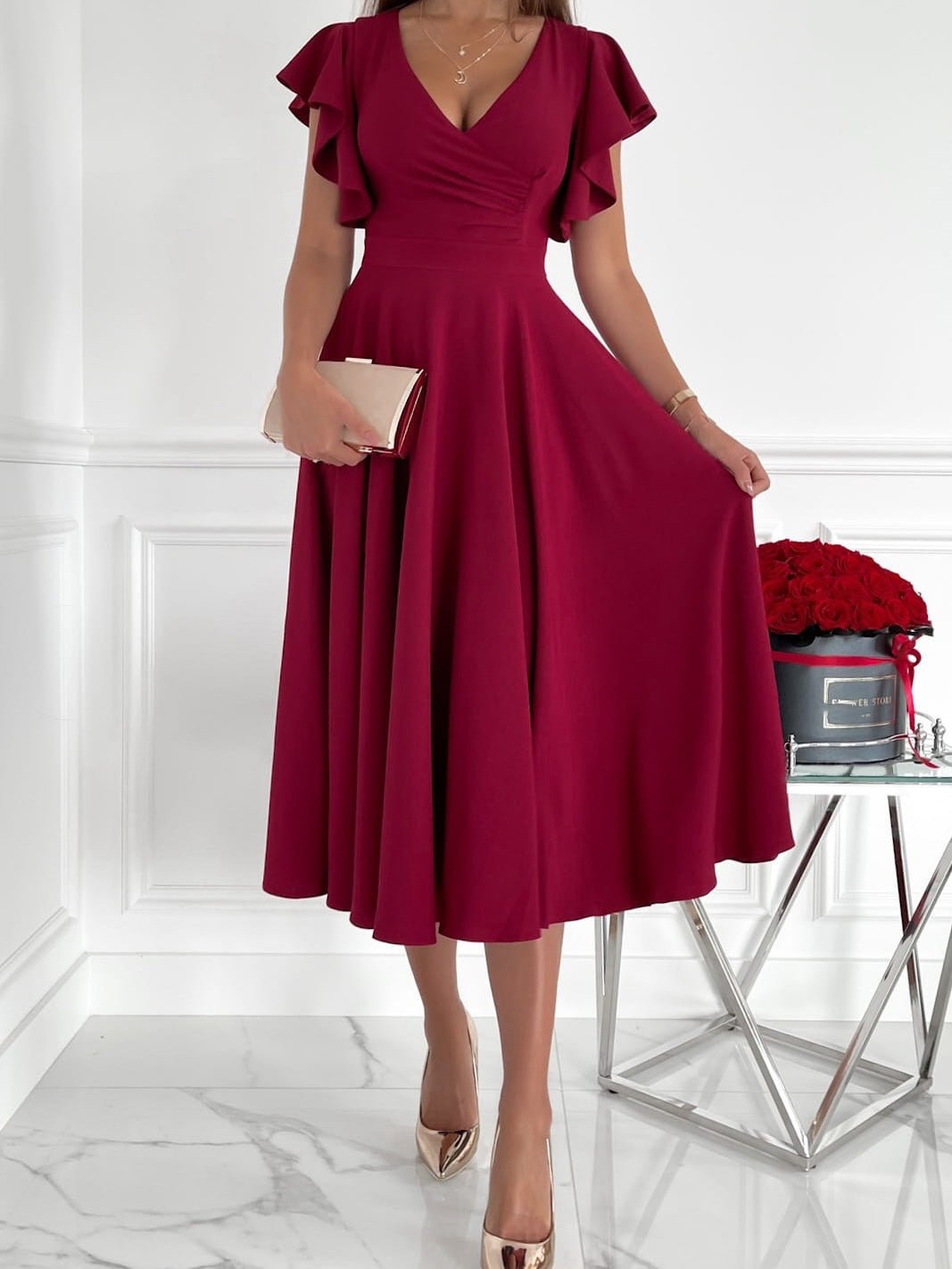 Solid V-Neck Ruffle Sleeve Dress Ins Street