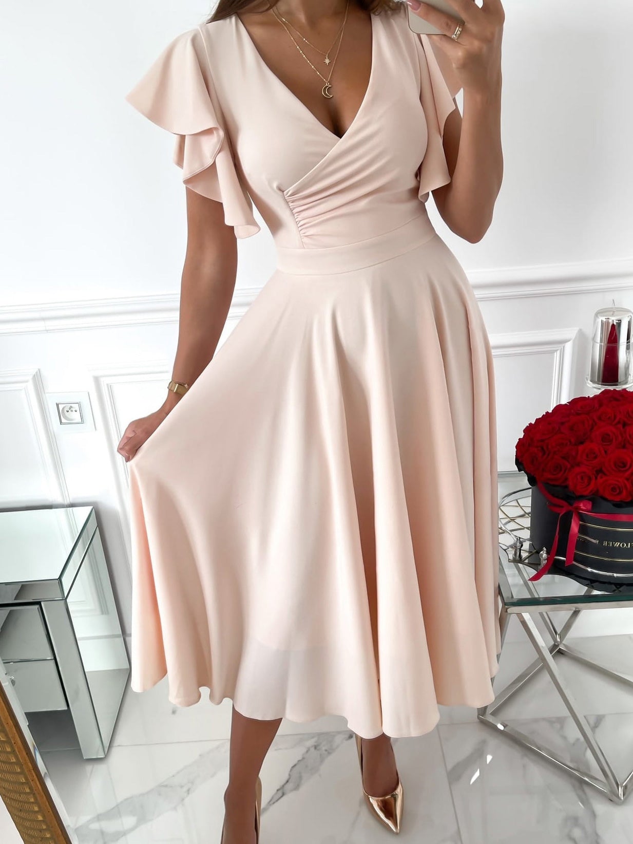 Solid V-Neck Ruffle Sleeve Dress Ins Street