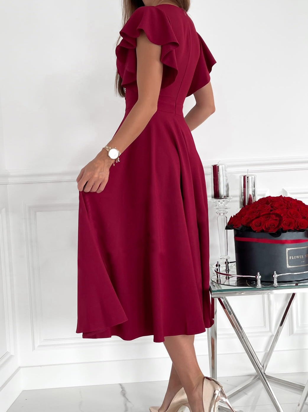 Solid V-Neck Ruffle Sleeve Dress Ins Street