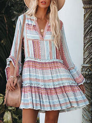 Striped Print V-Neck Long Sleeve Dress Ins Street