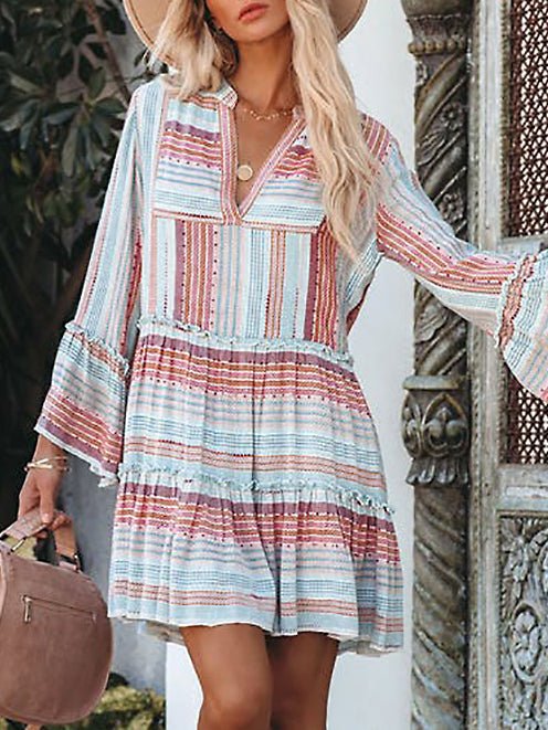 Striped Print V-Neck Long Sleeve Dress Ins Street