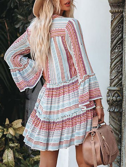 Striped Print V-Neck Long Sleeve Dress Ins Street