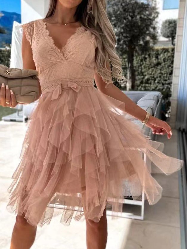 V-Neck Lace Mesh Irregular Dress Ins Street