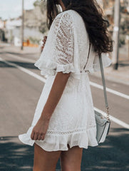 V-Neck Lace Short Sleeve Ruffle Dress Ins Street