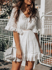 V-Neck Lace Short Sleeve Ruffle Dress Ins Street