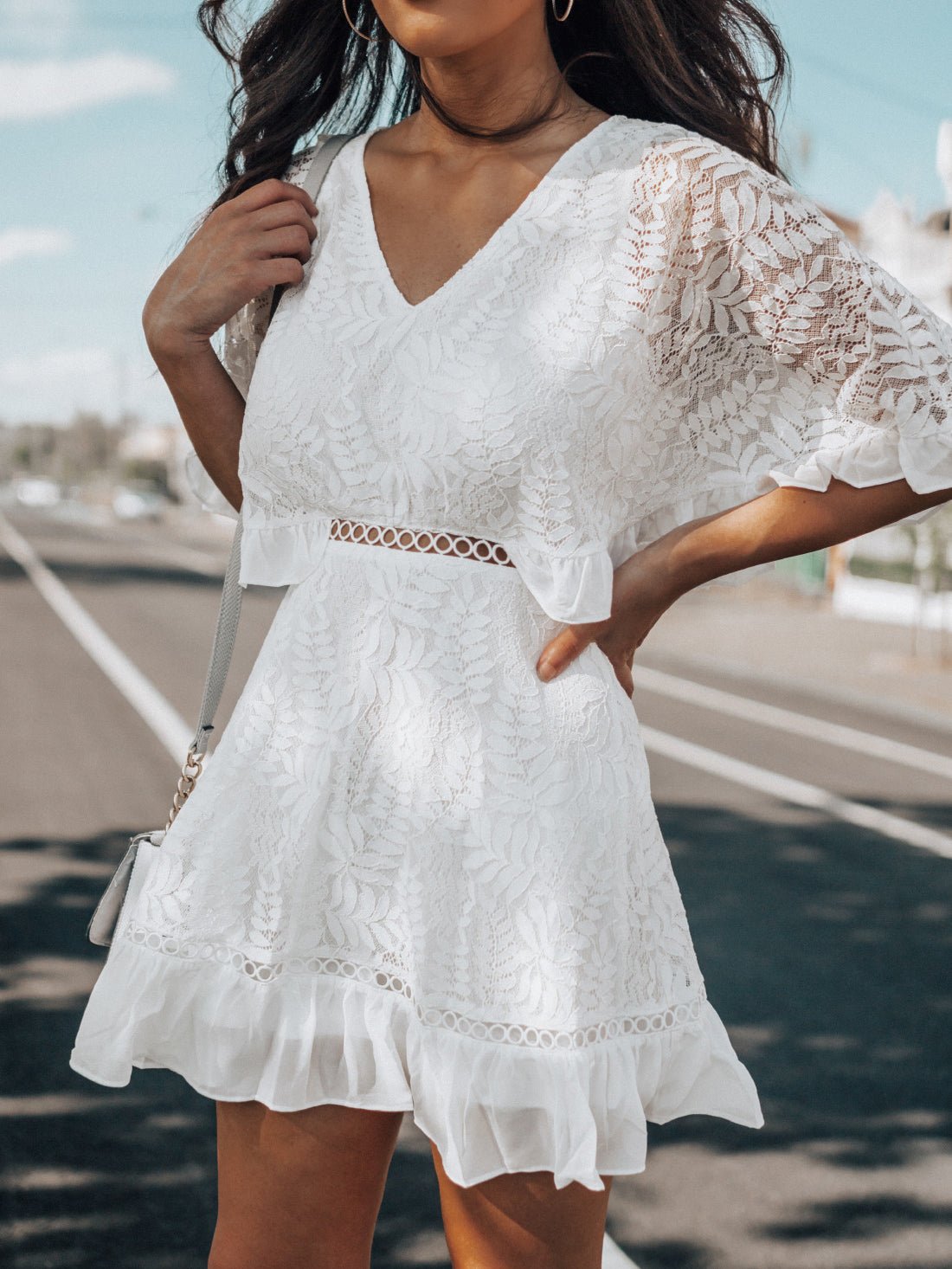 V-Neck Lace Short Sleeve Ruffle Dress Ins Street