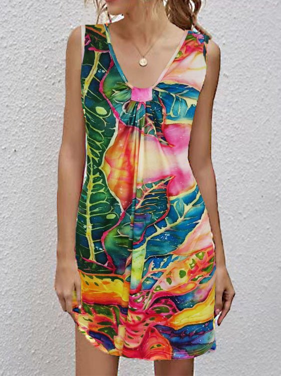 V-Neck Printed Sleeveless Casual Dress Ins Street