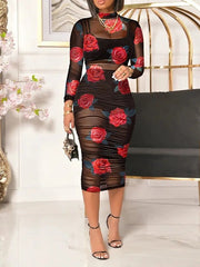Vintage Print Mesh Long Sleeve Three Piece Dress Ins Street