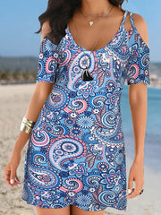 Vintage Print Sling Strap Off Shoulder Short Sleeve Dress Ins Street