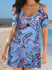 Vintage Print Sling Strap Off Shoulder Short Sleeve Dress Ins Street