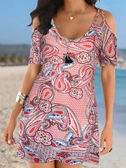Vintage Print Sling Strap Off Shoulder Short Sleeve Dress Ins Street