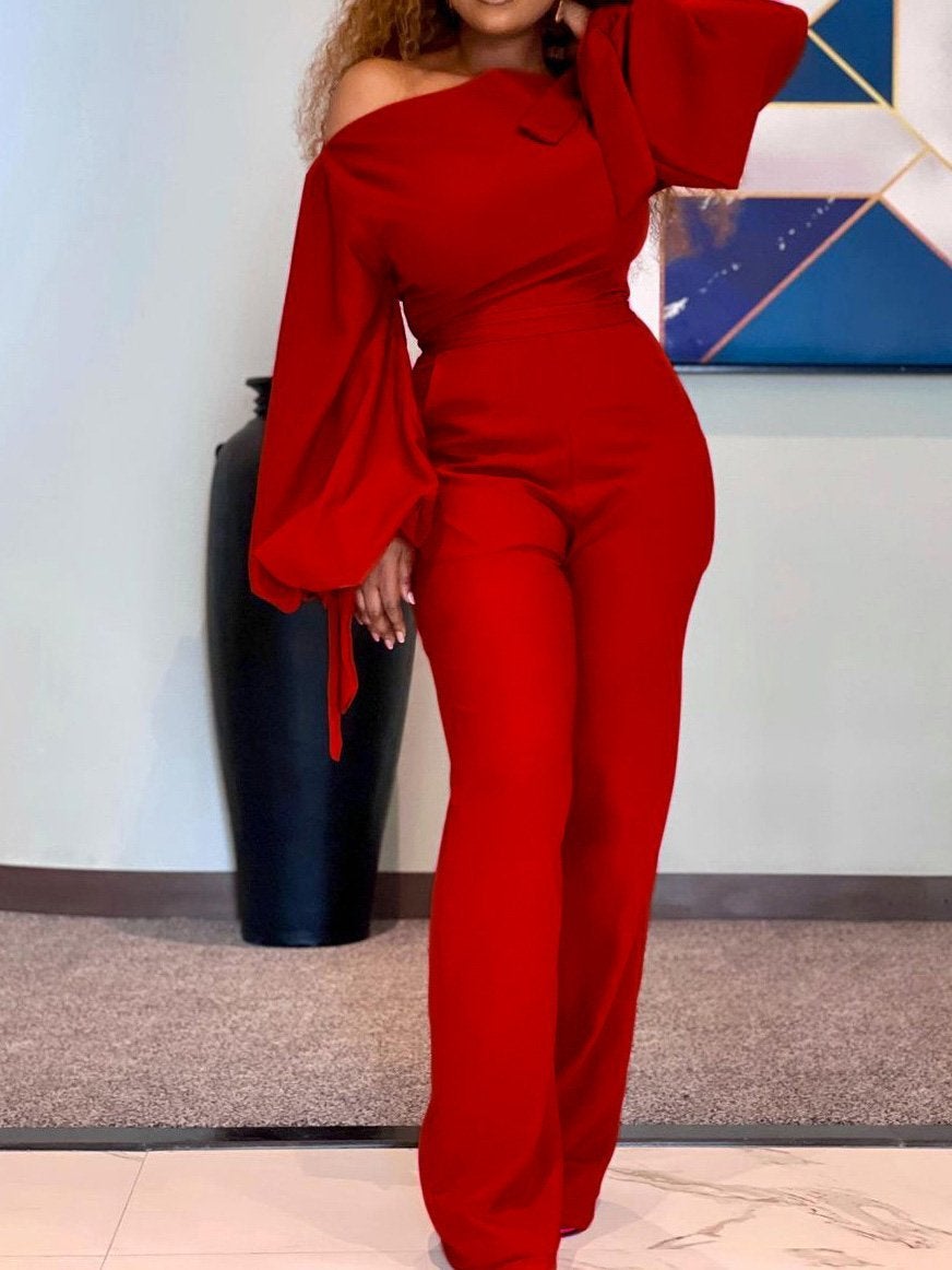 Casual Off-Shoulder High-Waisted Wide-Leg Jumpsuit Ins Street