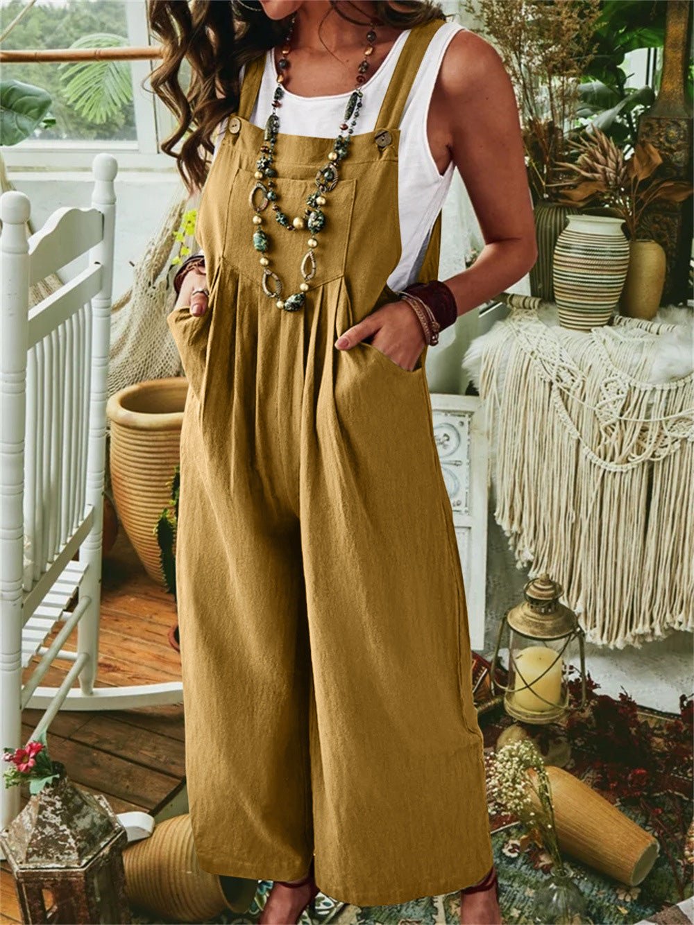 Casual Solid Sleeveless Pocket Wide Leg Jumpsuit Ins Street