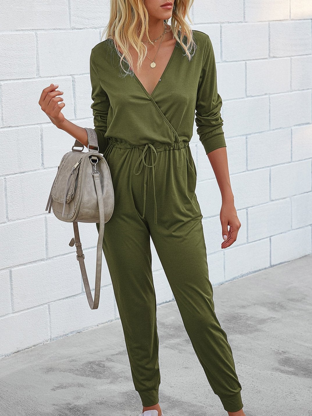 Deep V-Neck Long Sleeve Slim Fit Jumpsuit Ins Street