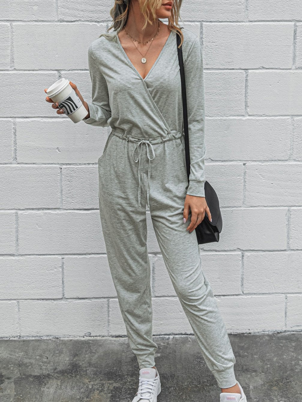 Deep V-Neck Long Sleeve Slim Fit Jumpsuit Ins Street