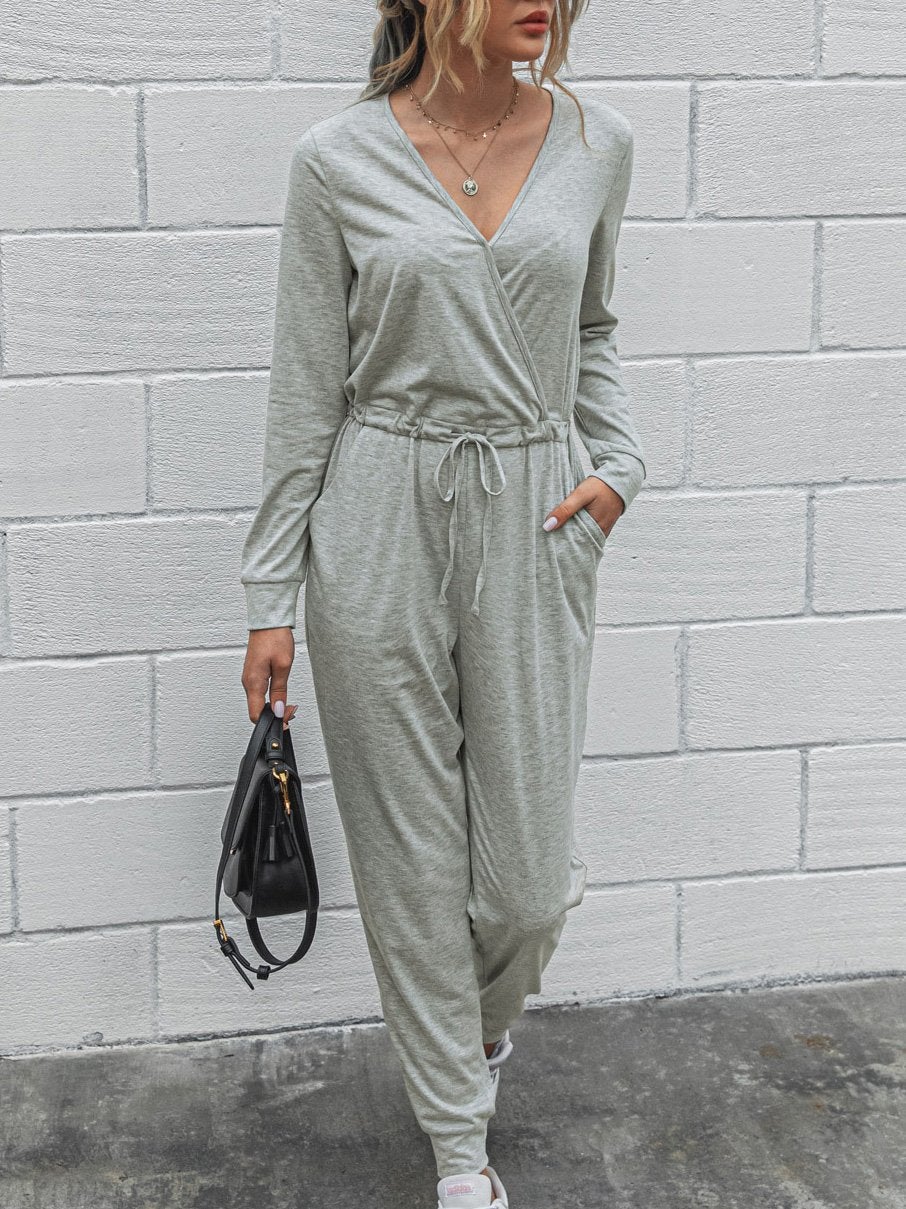 Deep V-Neck Long Sleeve Slim Fit Jumpsuit Ins Street