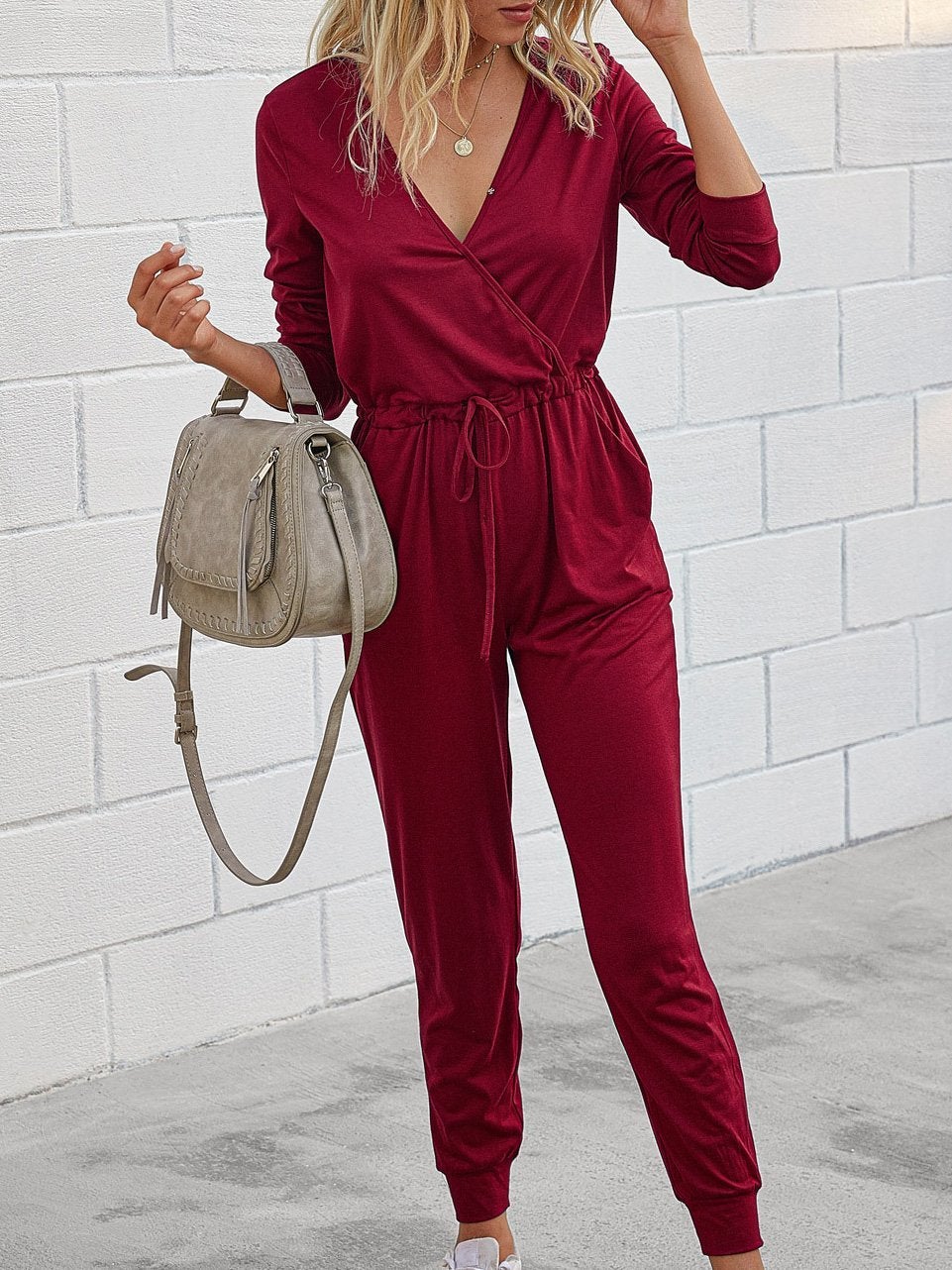 Deep V-Neck Long Sleeve Slim Fit Jumpsuit Ins Street