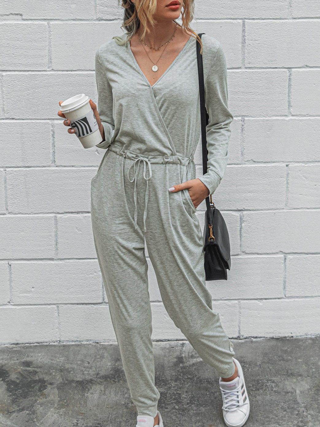 Deep V-Neck Long Sleeve Slim Fit Jumpsuit Ins Street