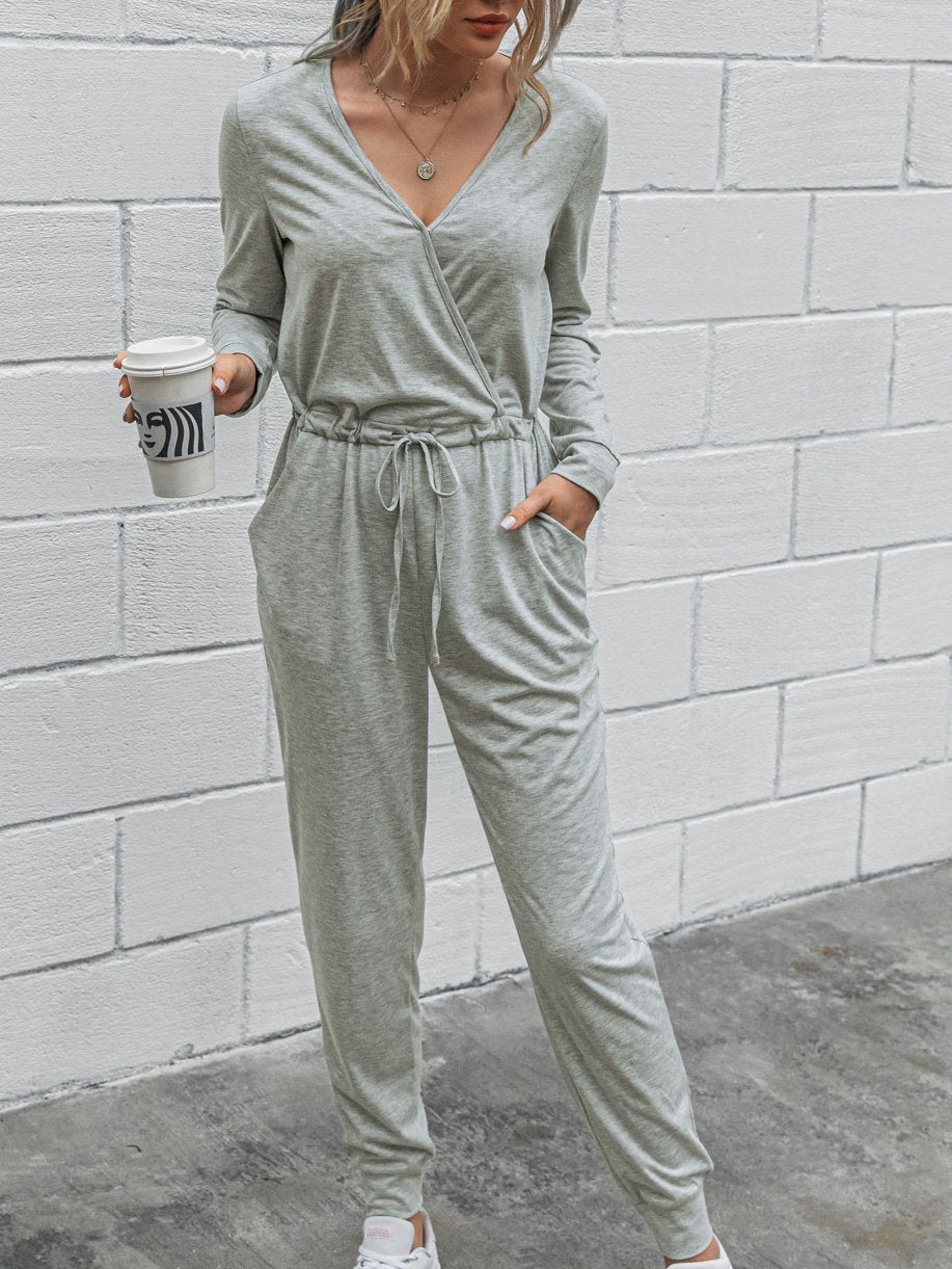 Deep V-Neck Long Sleeve Slim Fit Jumpsuit Ins Street