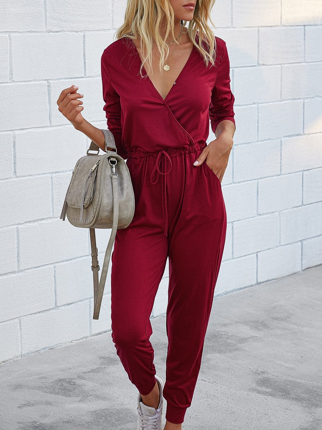 Deep V-Neck Long Sleeve Slim Fit Jumpsuit Ins Street