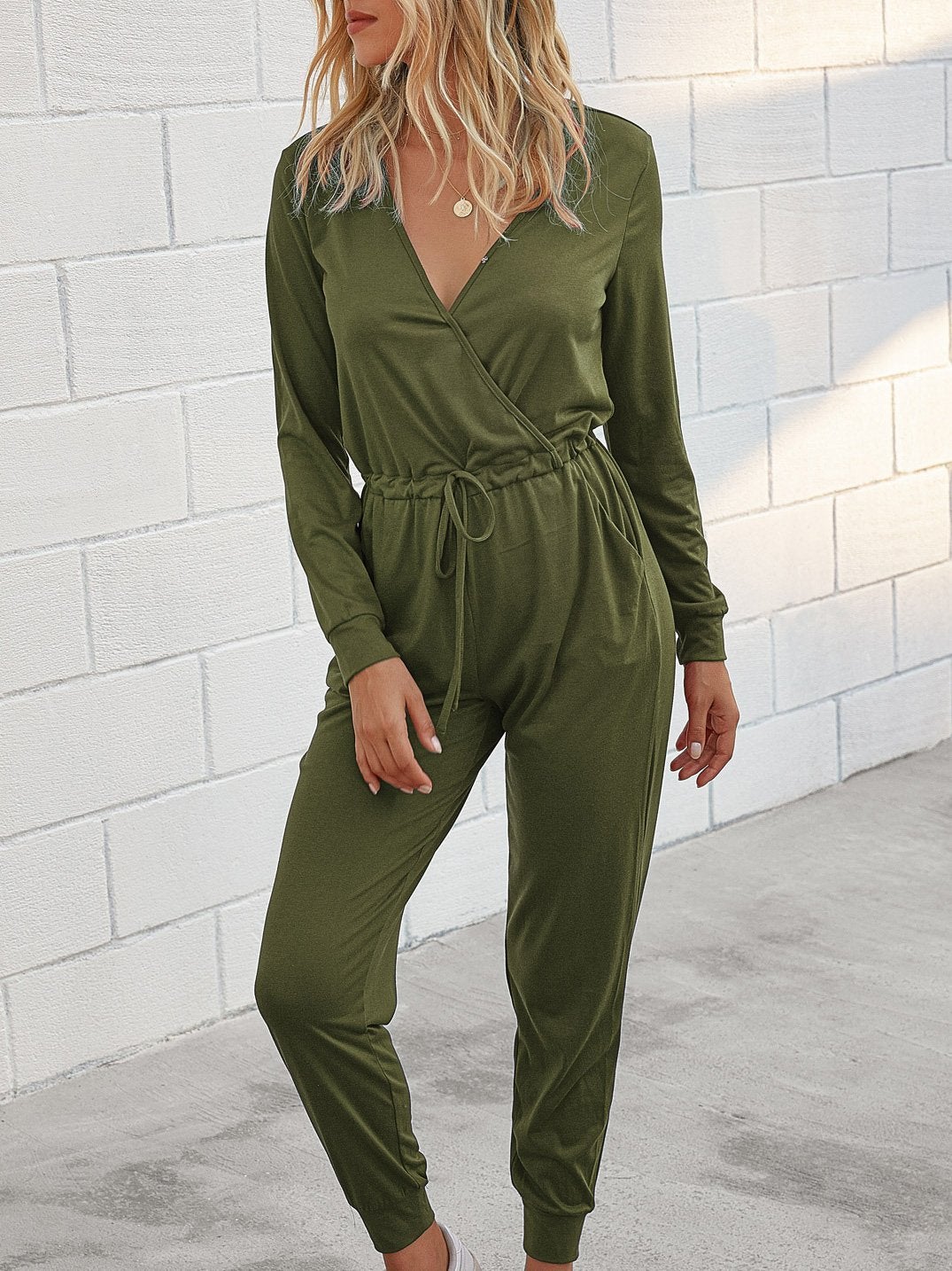 Deep V-Neck Long Sleeve Slim Fit Jumpsuit Ins Street