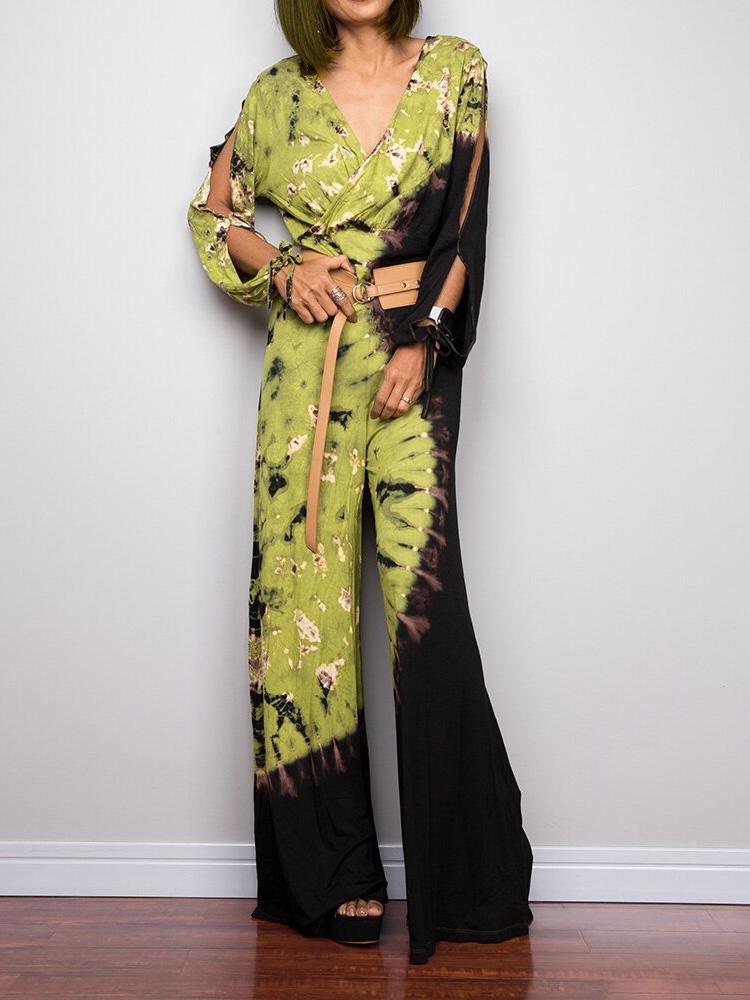 Deep V-Neck Printed Long Sleeve Jumpsuit Ins Street