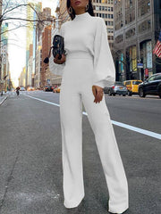 High Neck Open Back Long Sleeve Wide-Leg Jumpsuit Ins Street