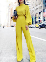 High Neck Open Back Long Sleeve Wide-Leg Jumpsuit Ins Street