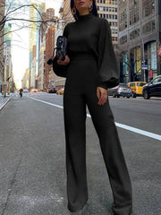 High Neck Open Back Long Sleeve Wide-Leg Jumpsuit Ins Street