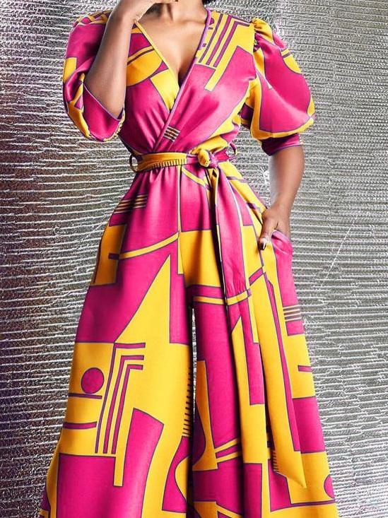 High-Waisted V-Neck Printed Wide-Leg Jumpsuit Ins Street