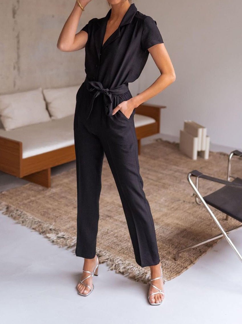 Lapel Lace-Up Pocket Casual Jumpsuit Ins Street