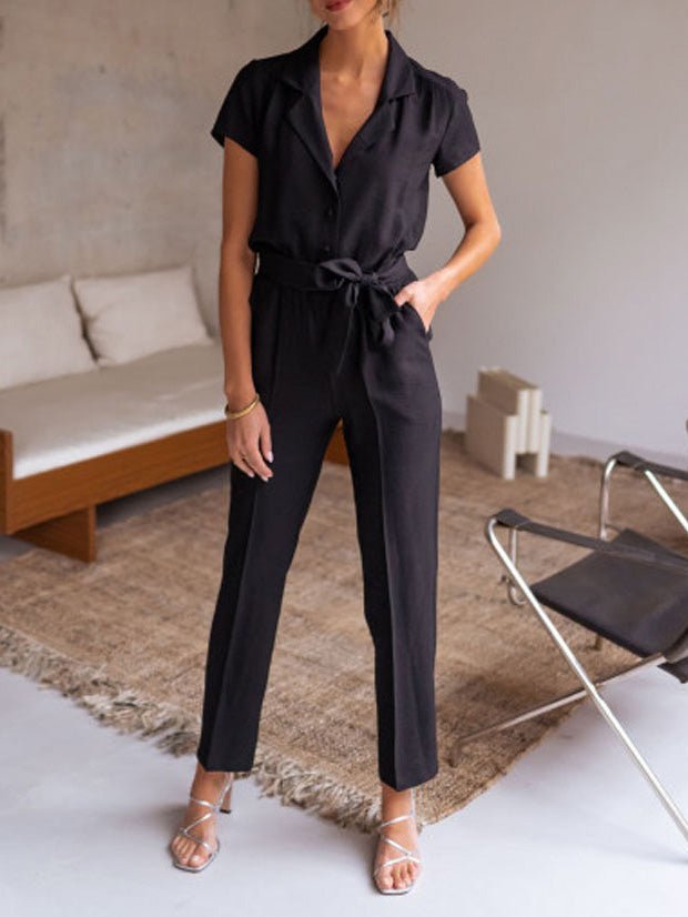 Lapel Lace-Up Pocket Casual Jumpsuit Ins Street