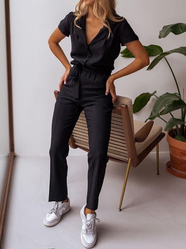 Lapel Lace-Up Pocket Casual Jumpsuit Ins Street