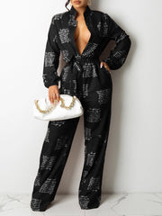 Letter Print Long Sleeve Shirt Jumpsuit With Belt Ins Street