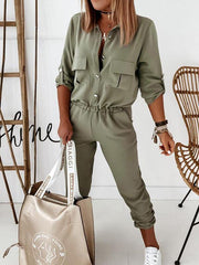 Long Sleeve Cargo Pocket Button Jumpsuit Ins Street