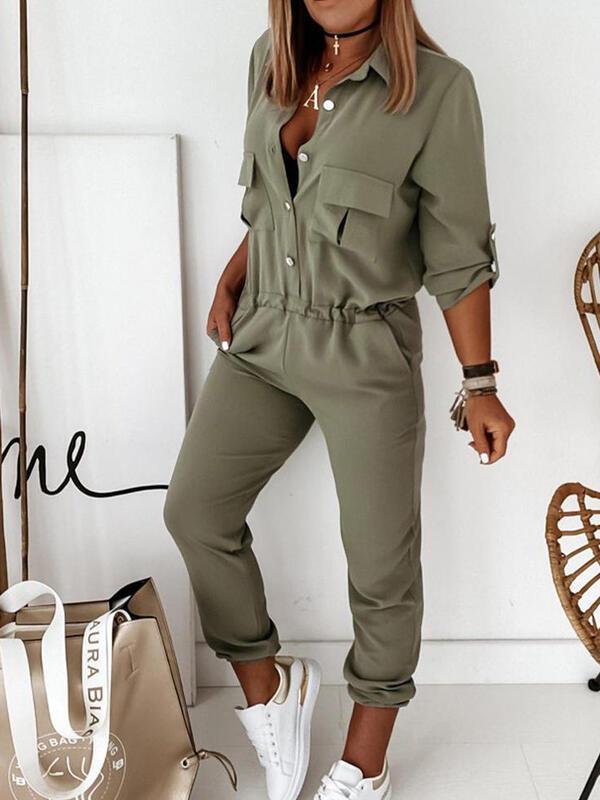 Long Sleeve Cargo Pocket Button Jumpsuit Ins Street