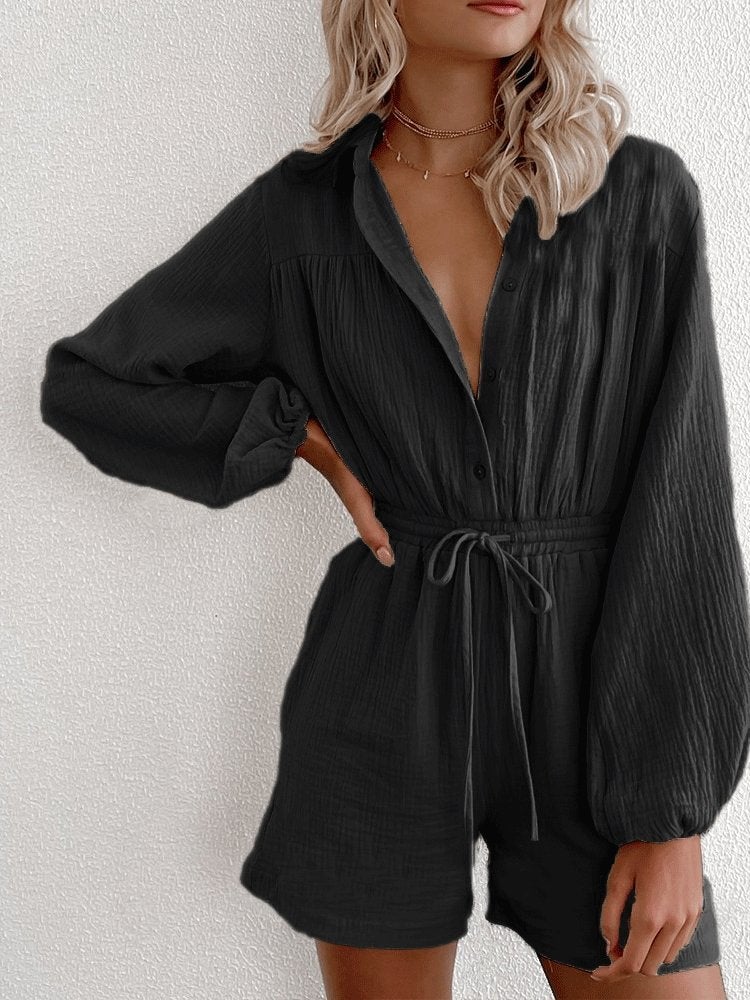 Long Sleeve Drawstring Pocket Single-Breasted Jumpsuit Ins Street