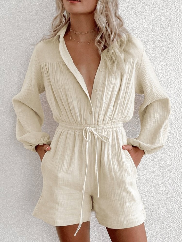 Long Sleeve Drawstring Pocket Single-Breasted Jumpsuit Ins Street