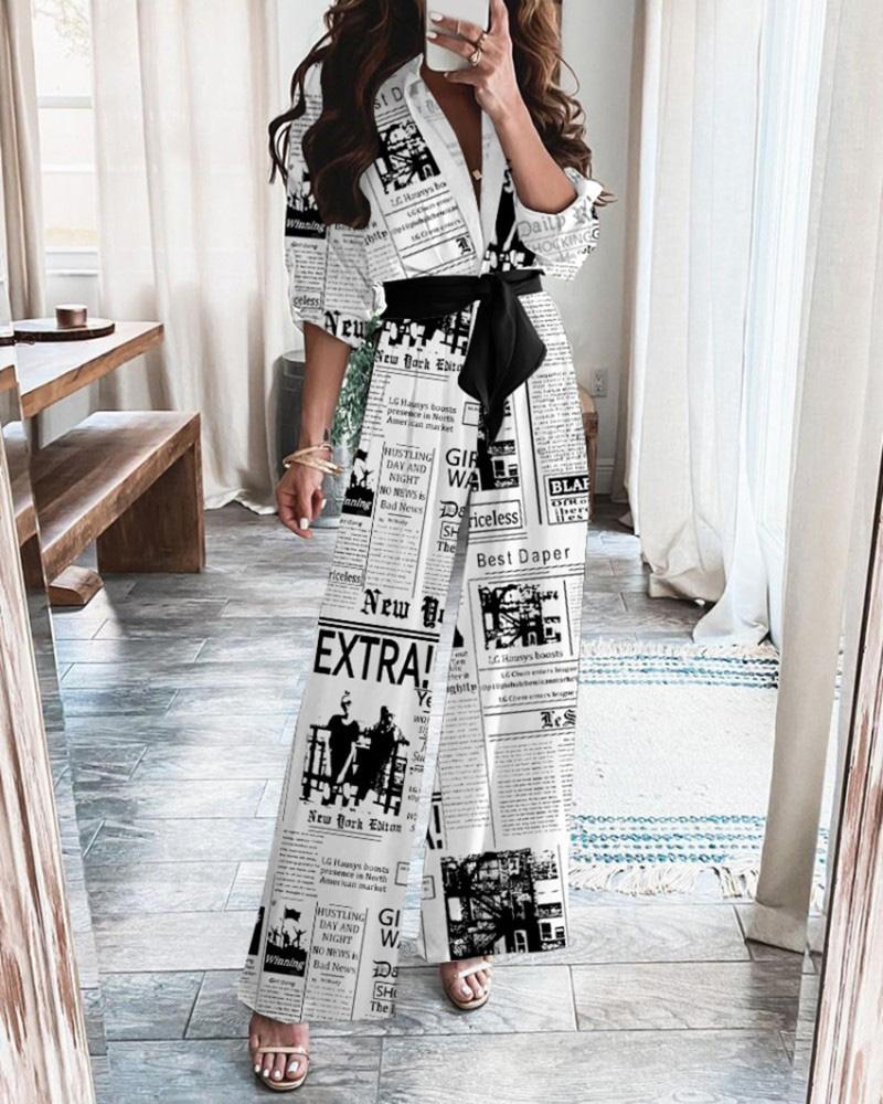 Newspaper Print Long Sleeve Belt Temperament Jumpsuit Ins Street