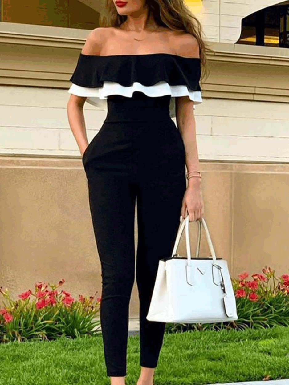 Jumpsuits Off Shoulder Slim Fit Short Sleeve Ruffle Jumpsuit