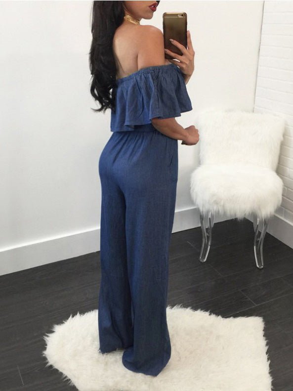 One-Shoulder Ruffled Lace-Up Denim Jumpsuit Ins Street