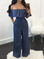 One-Shoulder Ruffled Lace-Up Denim Jumpsuit Ins Street