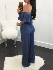 One-Shoulder Ruffled Lace-Up Denim Jumpsuit Ins Street