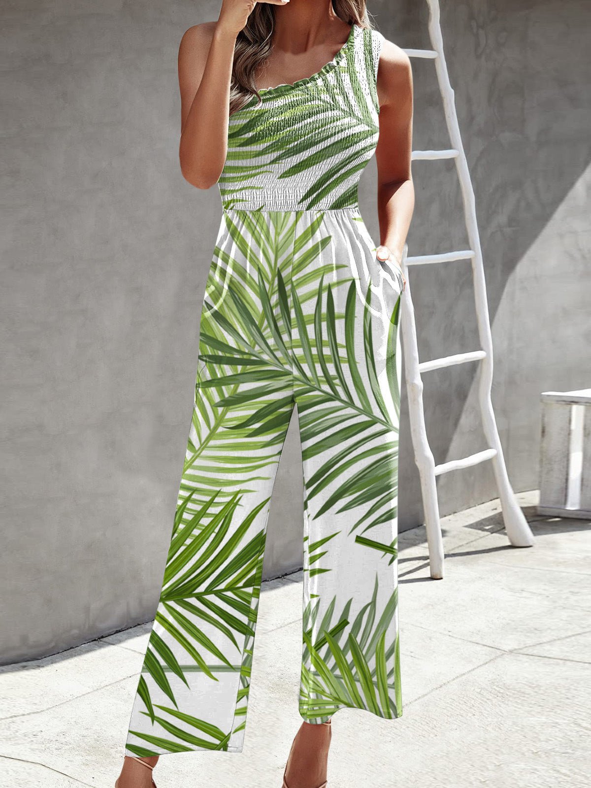 Printed One Shoulder Wide Leg Jumpsuit Ins Street