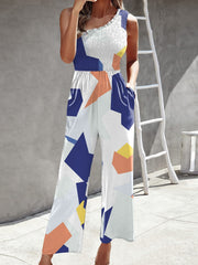 Printed One Shoulder Wide Leg Jumpsuit Ins Street