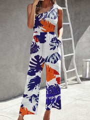 Printed One Shoulder Wide Leg Jumpsuit Ins Street