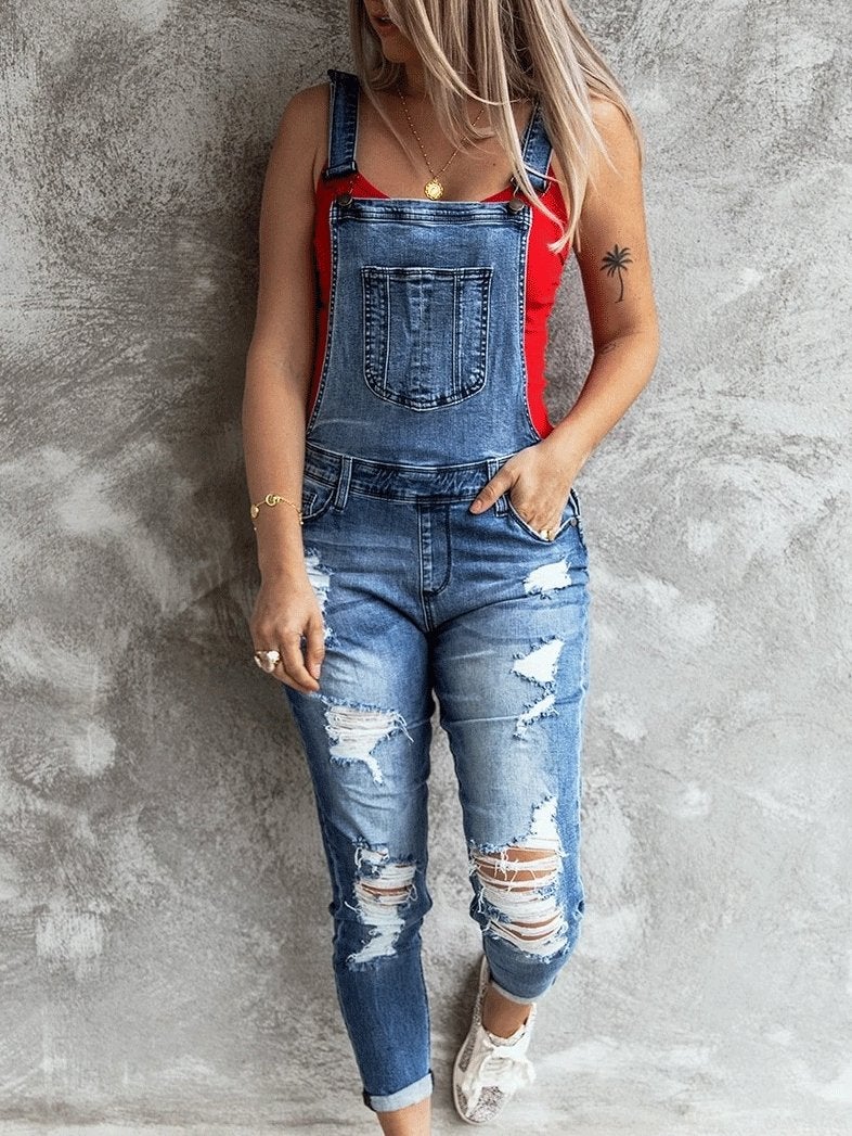 Retro Ripped Elastic Denim Suspenders Jumpsuit Ins Street