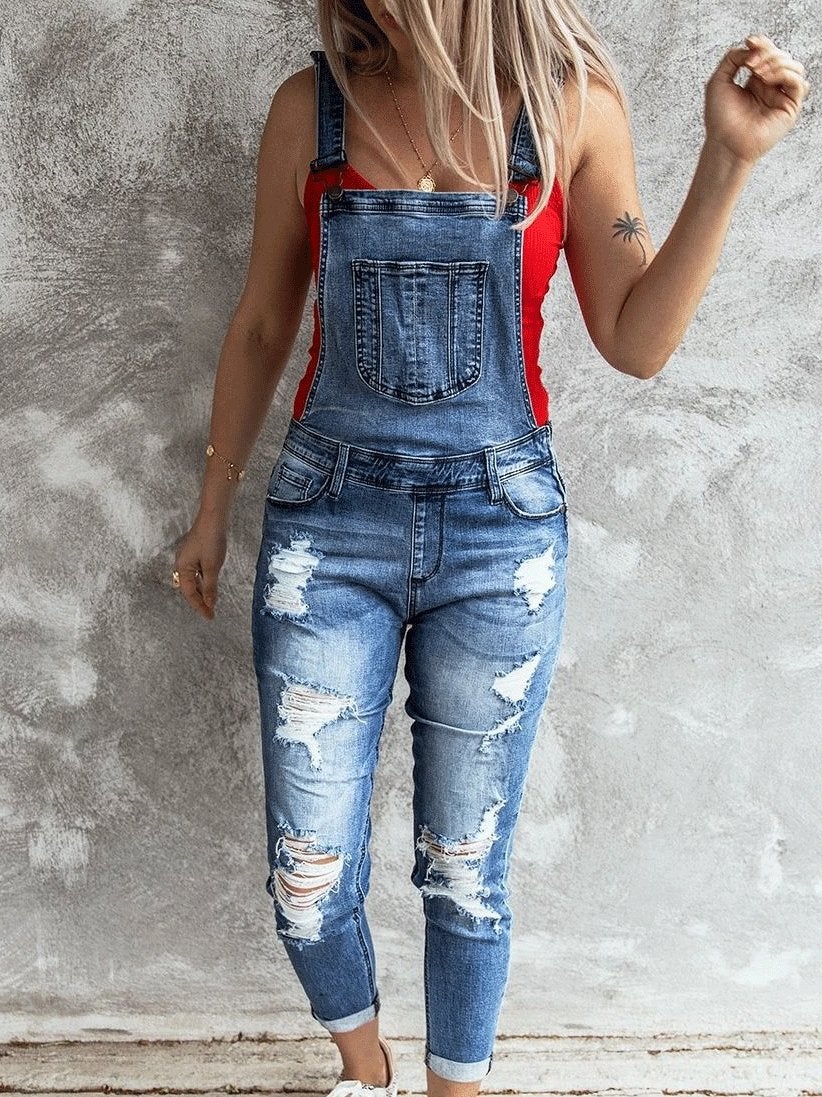 Retro Ripped Elastic Denim Suspenders Jumpsuit Ins Street