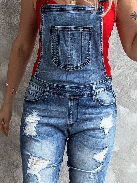 Retro Ripped Elastic Denim Suspenders Jumpsuit Ins Street