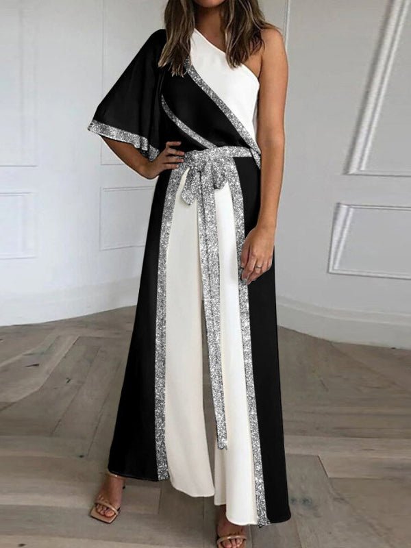 Shiny Sloping Shoulder Wide Leg Jumpsuit Ins Street